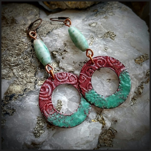 Enameled copper and jade earrings