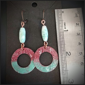 Enameled copper and jade earrings