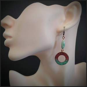 Enameled copper and jade earrings