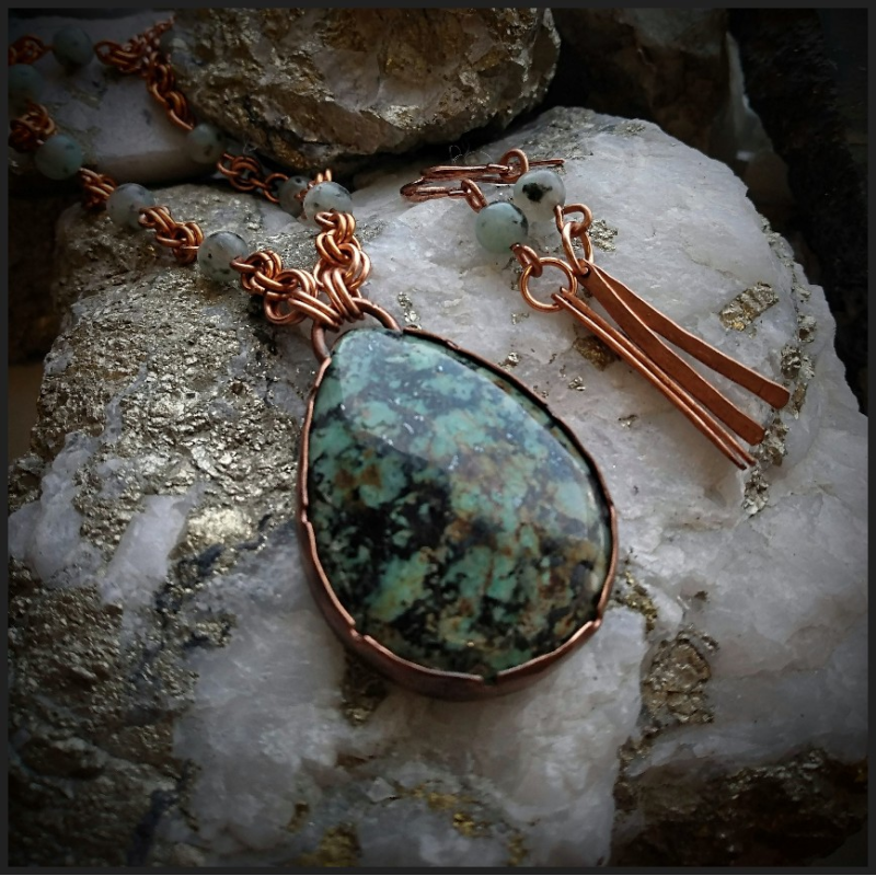 Necklace and earrings set in copper and African turquoise No 1